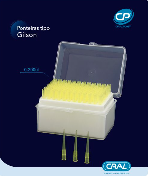 Ponteiras tipo Gilson em rack – Cralplast 0-200ul em rack com 96 unidades.