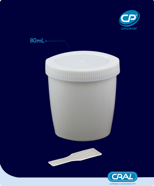 Coletor com pá não estéril 80mL translúcido tampa branca (a granel) 500und/pct Cralplast