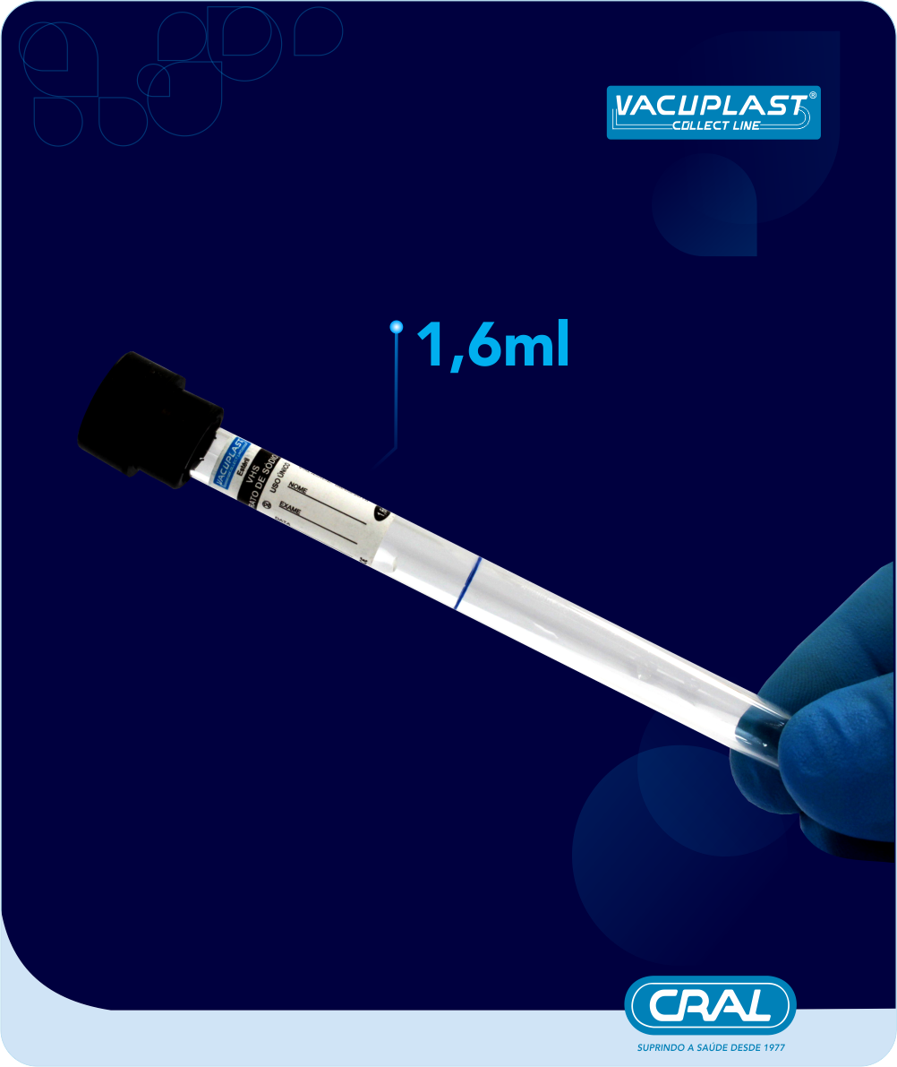 Tubo VHS de coleta de sangue a vácuo c/ aditivo citrato de sódio 3,8% 8x120mm 1,6mL 100und/rack Vacuplast