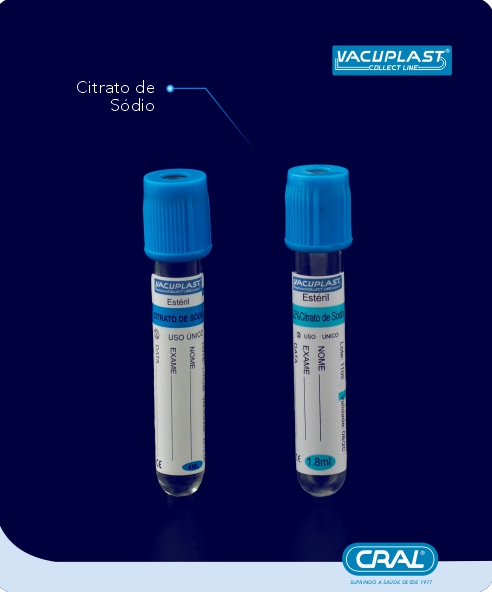Tubo de coleta de sangue a vácuo c/ reagente citrato de sódio 13x75mm 3,6mL 100und/rack Vacuplast