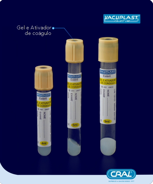Tubo de coleta de sangue a vácuo c/ gel e ativador de coágulo 13x75mm 4mL 100und/rack Vacuplast
