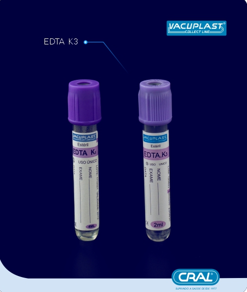 Tubo de coleta de sangue a vácuo c/ reagente EDTA K3 13x75mm 4mL 100und/rack Vacuplast